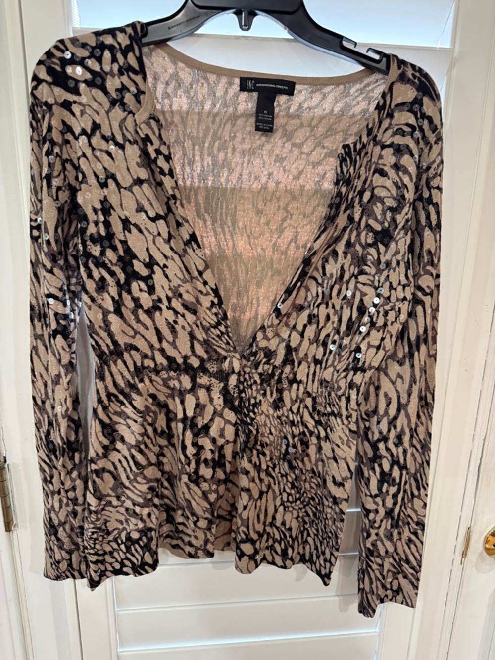 INC International Concepts Women's Beige and Black V-Neck Sequin Top